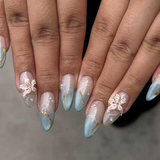 Hkanlre Almond Fake Nails Tips Medium Blue Press on Nails Fish Full Cover False Summer Gradient Nails for Women 24PCS