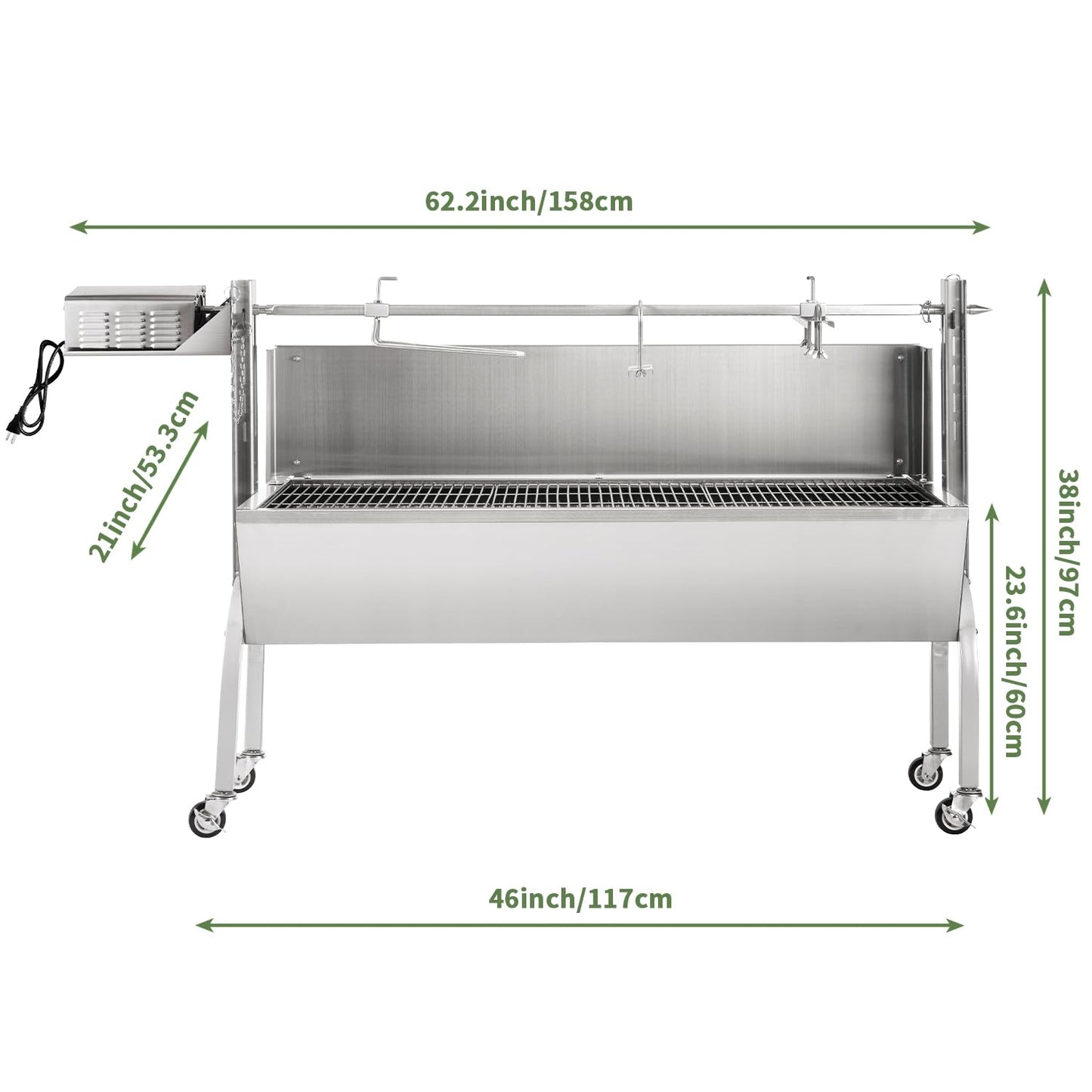 Kendane Rotisserie Grill Charcoal Spit Roaster, Stainless Steel 46" Pig Lamb Hooded Roaster Charcoal Spit with 30W Motor & Adjustable Height Lockable Casters for Party Barbecue, Rated 150 LB