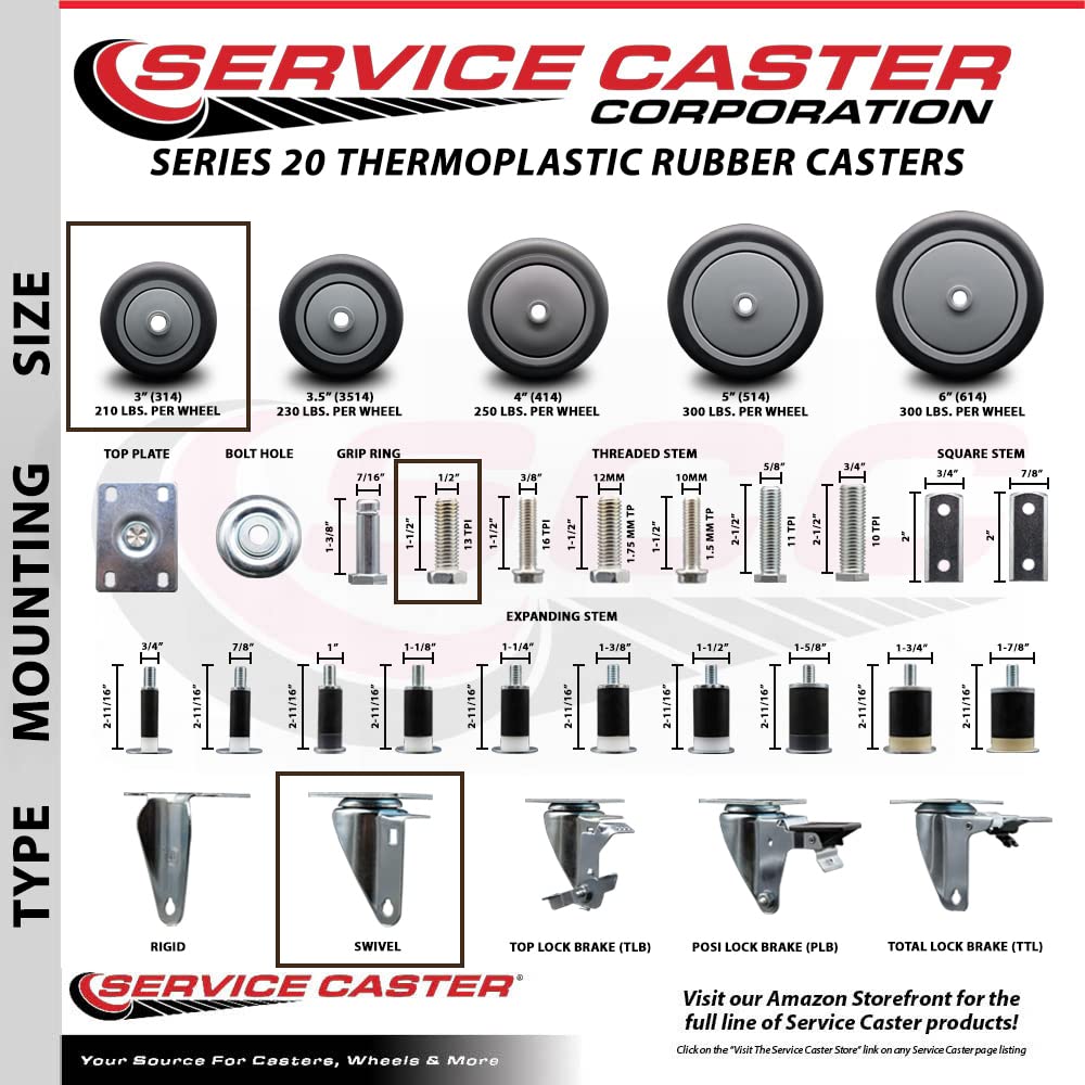 3" Swivel Caster with 1/2"" Threaded Stem and Thermoplastic Rubber Wheel - 210 lbs. Capacity - Service Caster Brand"