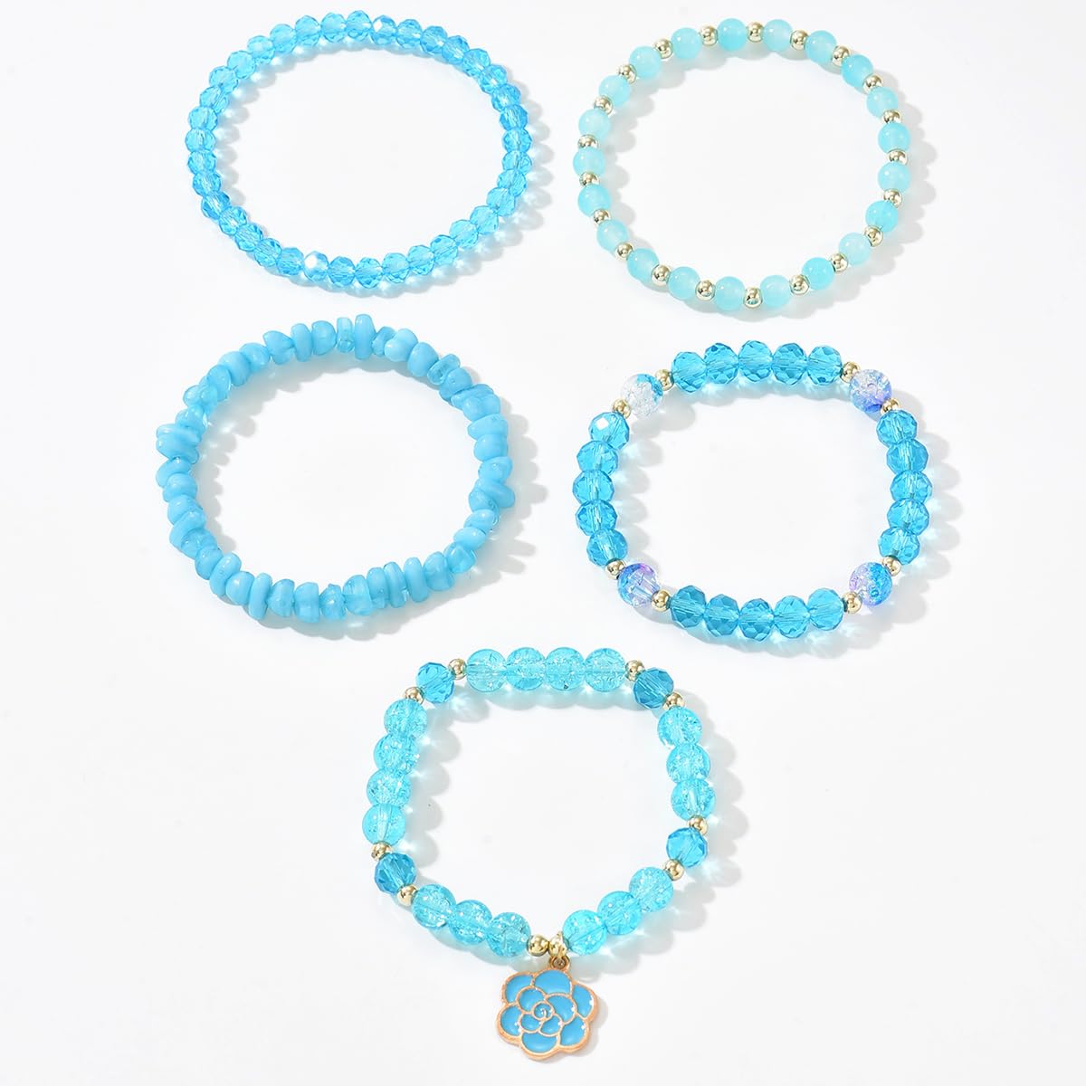 LOTSOF Boho Flower Beaded Bracelet Set for Women - Multilayer Crystal & Flower Charm Stackable Bracelets, Fashion Jewelry Gift for Her (Blue)