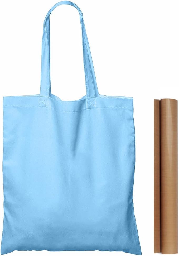 NPBAG 5 Pack 15'' X 16'' Baby Blue Cotton Tote Bags, Lightweight Blank Bulk Cloth Bags with 1pc of PTFE Teflon Sheet
