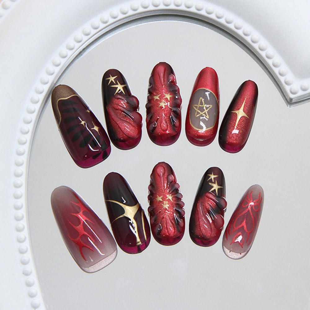 24 Pcs Summer Press on Nails Short Almond,MINGCHUN Red Fake Nails Press ons Acrylic Nail Art Tips Kit Full Cover False Nails Glue on Nails with 3D Texture Starburst Design for Women Nail Supplies