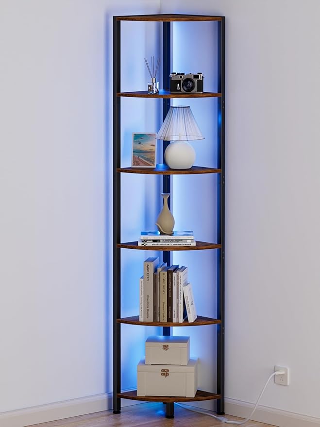 Furnulem 6 Tier Corner Shelf with LED Light, 67.5Ã¢ÂÂ Tall Standing Shelf Organizer, Narrow Bookshelf with Storage Rack for Wall Corner, Living Room, Bedroom, Metal Frame, Wood Display Shelf