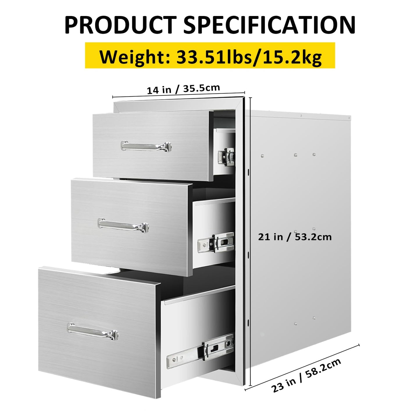 SGOLAN Outdoor Kitchen Drawers 14" W x 21" H x 23" D Flush Mount Triple BBQ Drawers with Chrome Handle Stainless Steel Drawer for Outdoor Kitchen Island, Patio Grill Station