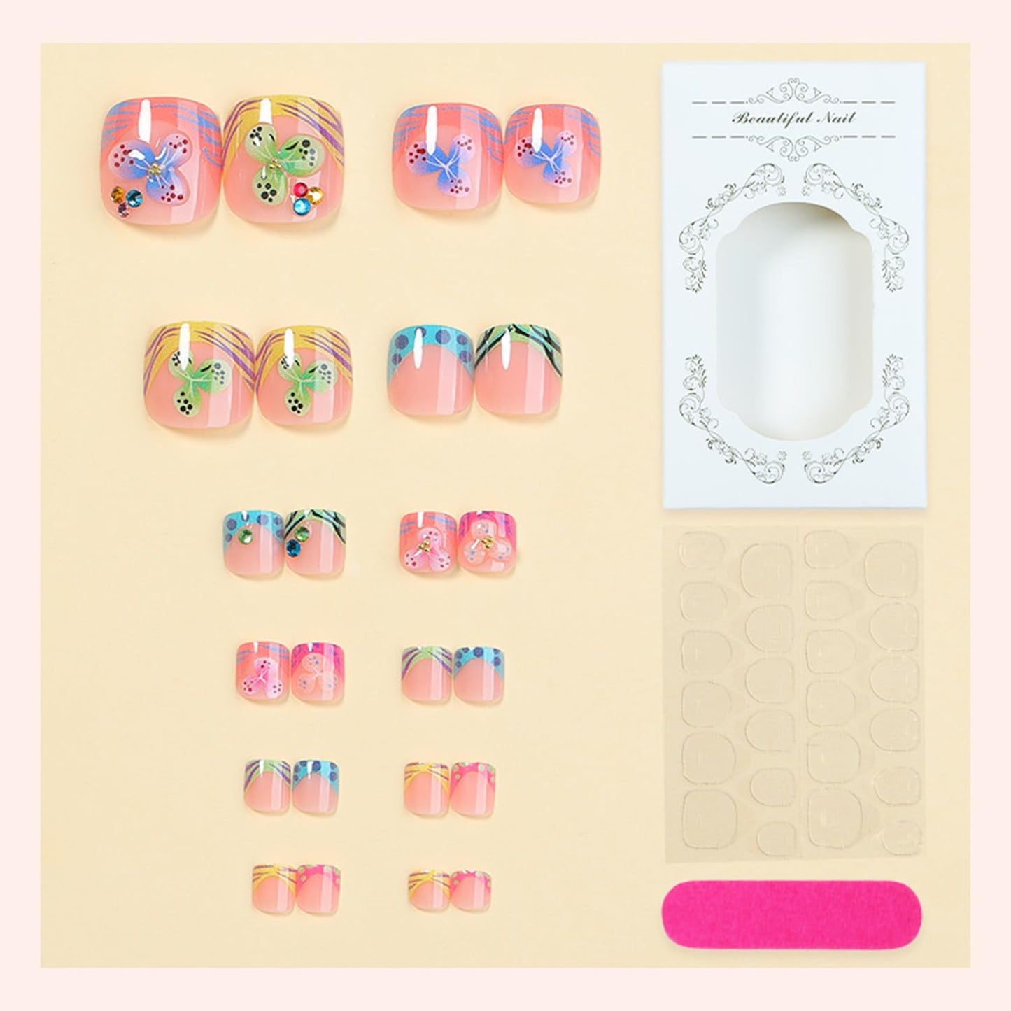 Summer Flower Press on Toenails Colorful French Tip False Toenails Rhinestones Toe Nails Reusable Full Cover Toe Nails for Women