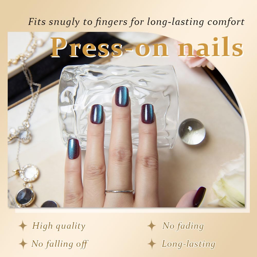 evpct Mauve Teal Cat Eye Chrome Press on Nails Short Square No Glue, Holographic Short Square Stick on Nails for Women, Holographic Glossy Fake Nail Reusable, Soft Press on Acrylic Nail with Designs