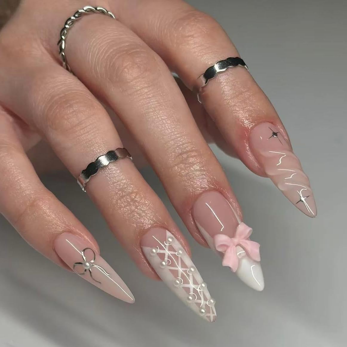 Handmade French Tip Press on Nail Almond Fake ons with Designs Chrome False Nails Long Glossy Full Cover Glue on Nails Stick Women Nails Manicure Decoration 10Pcs (MT-172-L)