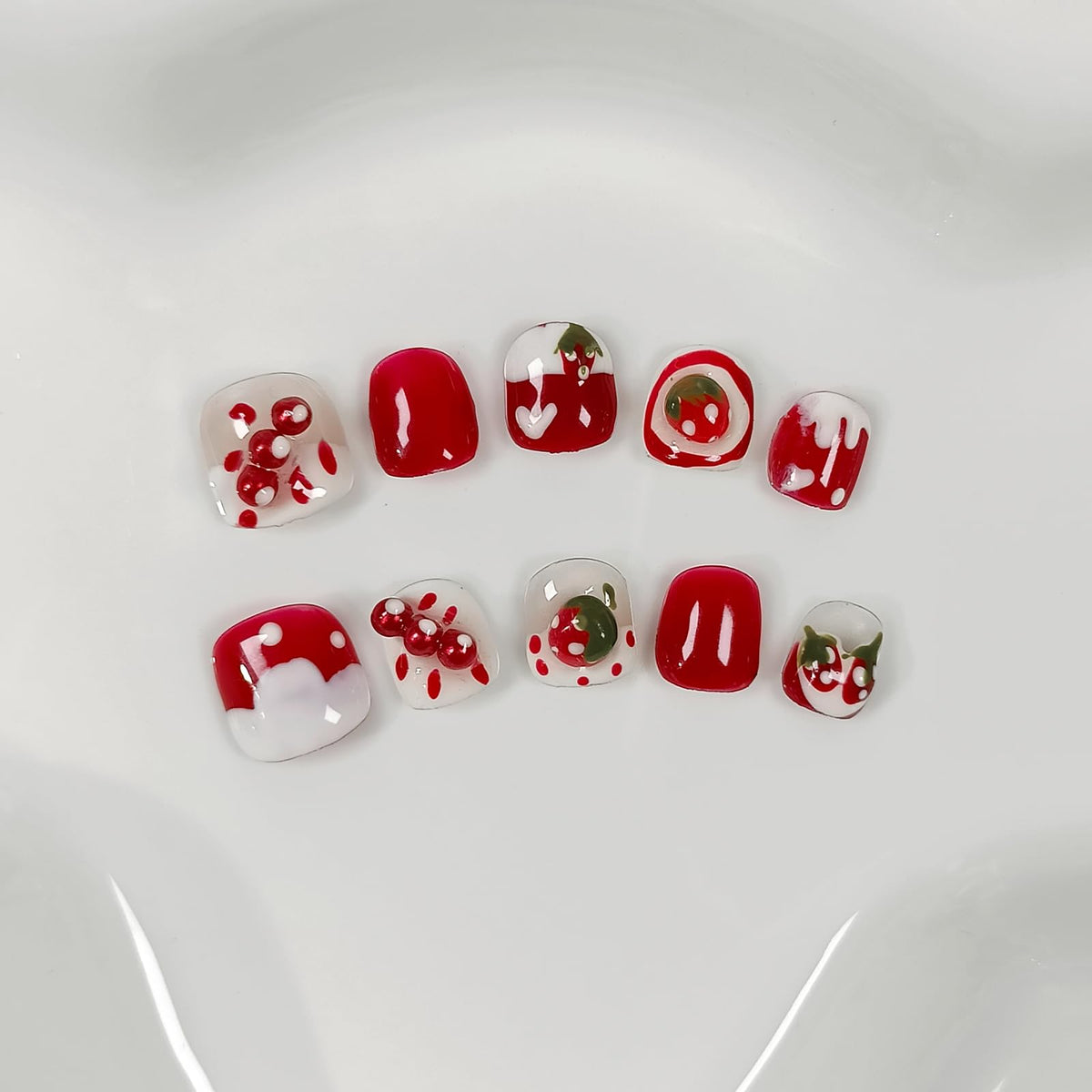 TENPAL Handmade Press on Nails for 3-12 Year Olds Girls,Resuable Gel Fake Nails with Tools for Children,Cute Nails with Lovely Strawberry Designs,Short Nails for Girls Kids Nail Art 10pcs Size(XS)