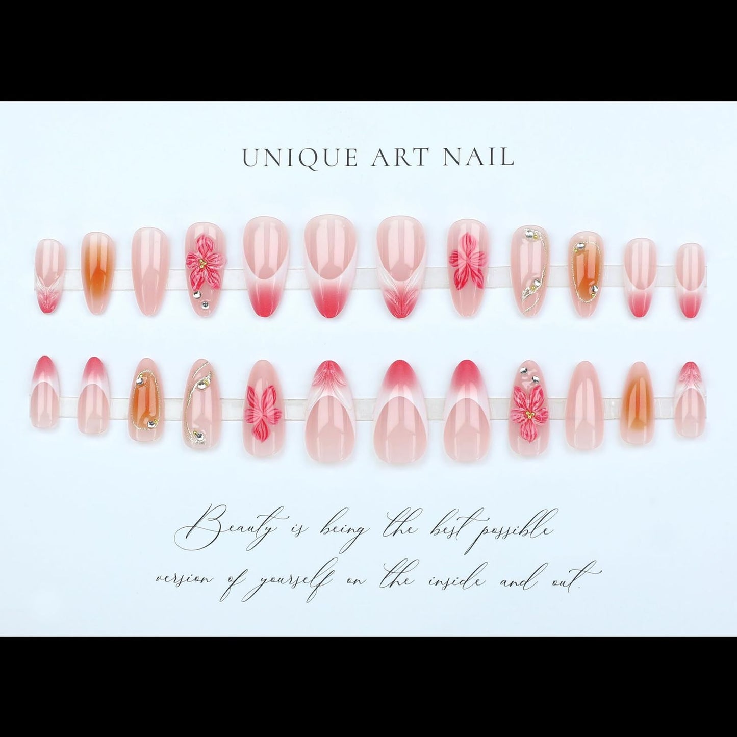 French Long Almond Press on Nails 3D Pink Flower Fake Nails Pink Ombre Handmade Gold Gilding Stick on Nails Golden Lines Acrylic False Nails for Women DIY 24Pcs