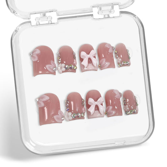10 Pcs Handmade Press on Nails Short Square Fake Nails with 3D Bow Flower and Rhinestone Design Pink French Tip False Nail Muti-Layer Gel Artificial Nails Full Cover Stick on Nail for Women (S)