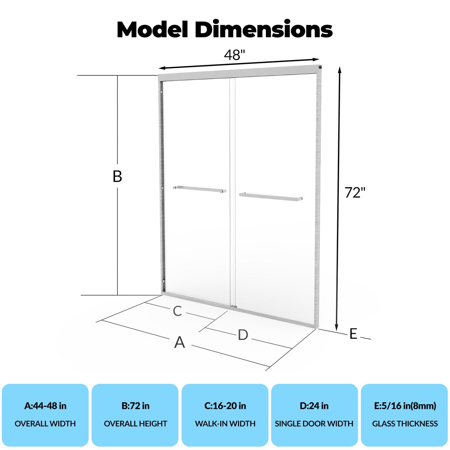 Sliding Shower Door, Aluminum Alloy Frame with 44-48" Adjustable Width x 72" Height, Features Double 6mm (1/4") Tempered Glass Panels, Brushed Nickel Square Track, Space-Saving Bypass Design