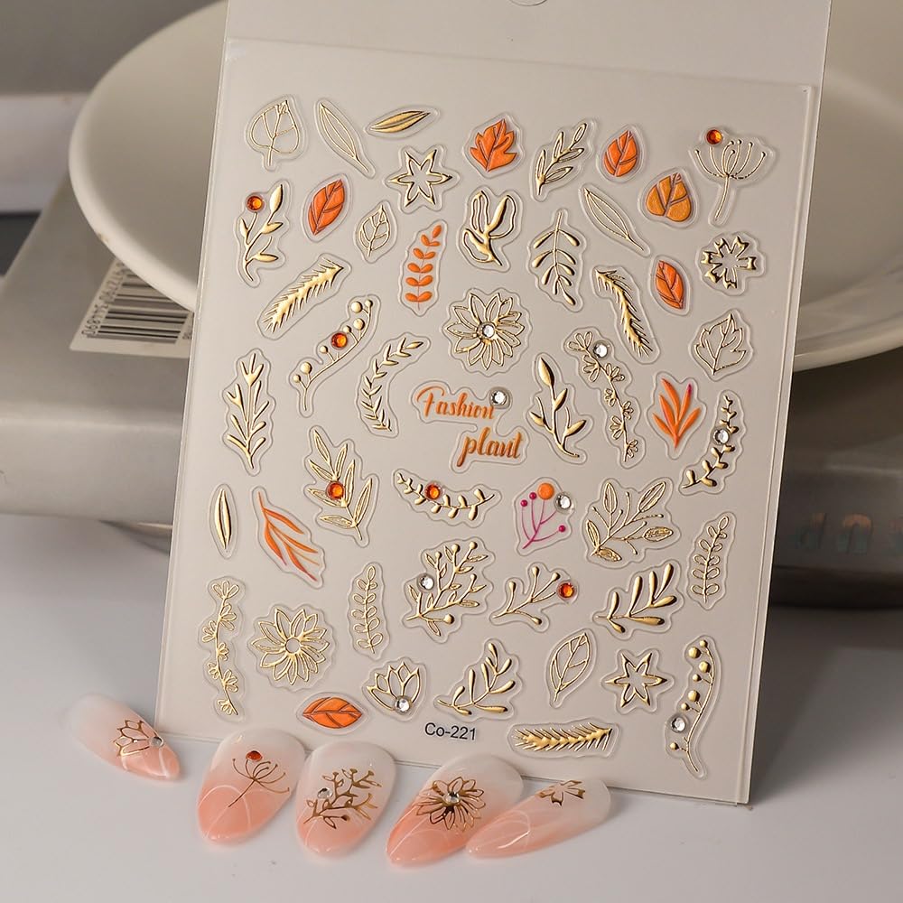 Sevgob 5D Embossed Fall Nail Art Stickers Leaf Nail Stickers Gold Plant Maple Leaf Nail Decals with Rhinestone Designs Self-Adhesive Autumn Nail Supplies for Women Girls Acrylic Nails DIY Manicure