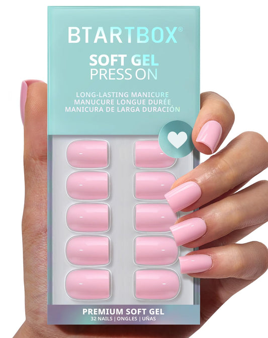 BTArtbox Extra Short Press On Nails - Mom Grace, Easy-to-Apply Pastel Pink Square Press On Nails with Glue and Adhesive Tabs in 16 Sizes - 32 Nails All-in-One Kit