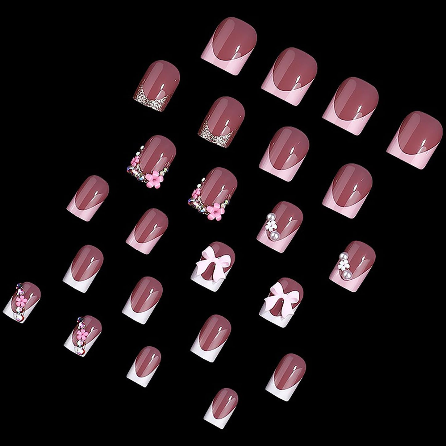 Cute Press on Nails Short Square French Tip Fake Nails Flower Pearls Bow Charms False Nails with Designs MABKJLF Pink & White Glossy Glue on Nails Stick on Nails Acrylic Nails for Women Girls 24Pcs