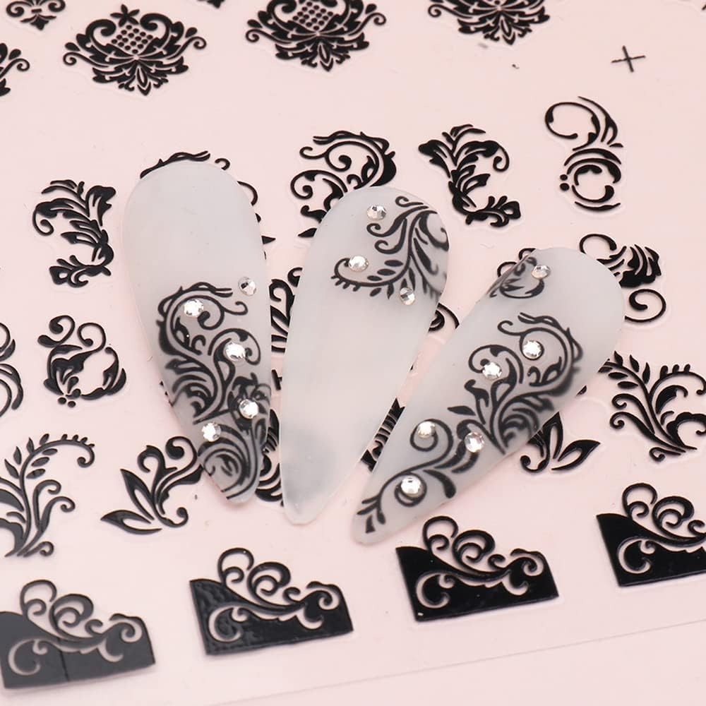 30 Sheets Black Flower Art Nail Stickers for Women Girls, 3D Rhinestones Self-Adhesive Decals Supplies, Floral Butterfly Heart Designs Accessories Decorations