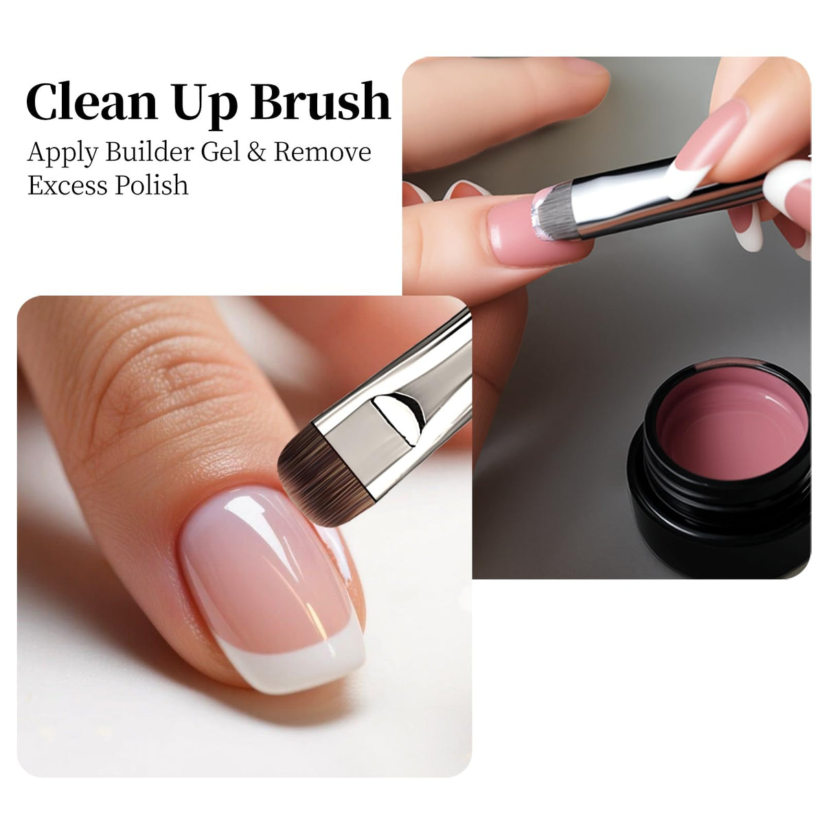 GSWOI Dual Head Acrylic Nail Brush-French Tip & Square Round with Cleaning Brush for Builder Gel,Polygel & Design-Wood Handle & Metal Caps