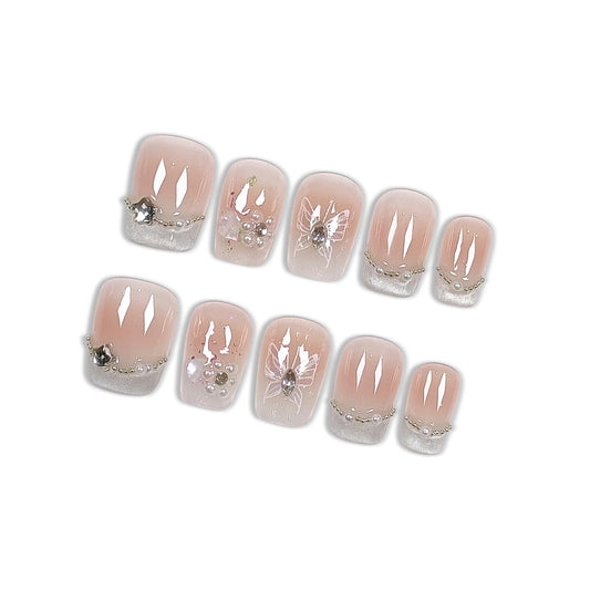 Hantyer Handmade Press On Nails Short Square,Acrylic French Crystal Cat Eye & Chain Pearl Butterfly Design Fake Nails,Cute Korean Pink False Nails 10PCS with Tools Kit for Women Daily (Size M)