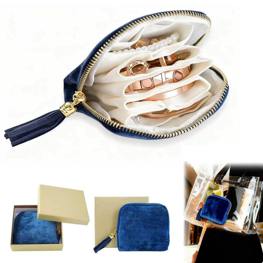Travel Jewelry Case, Portable Jewelry Box with Organizer Pouches, Tassel Zipper, Small Storage Bag for Necklaces, Bracelets, Rings, Earrings and Gemstones, Valentines Gift for Women（Sapphire Blue）