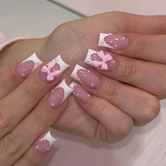 CTTHNBD Medium Press on Nails Square - White French Tip Fake Nails with Bow Charms Design - Cute False Nails Press ons - for Women 24 Pcs