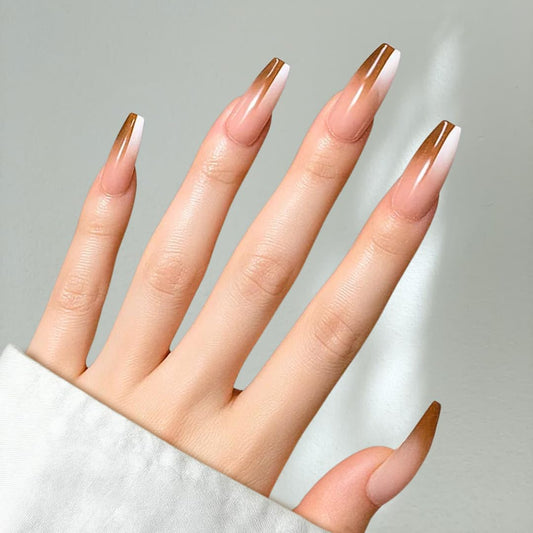 PerfectLook Press On Nails - Chic Glaze | No Glue One-Day Long Coffin Nails, Glossy Pink Swirl French Fake Nails - 24 Pcs Nail Kit with Adhesive Tabs