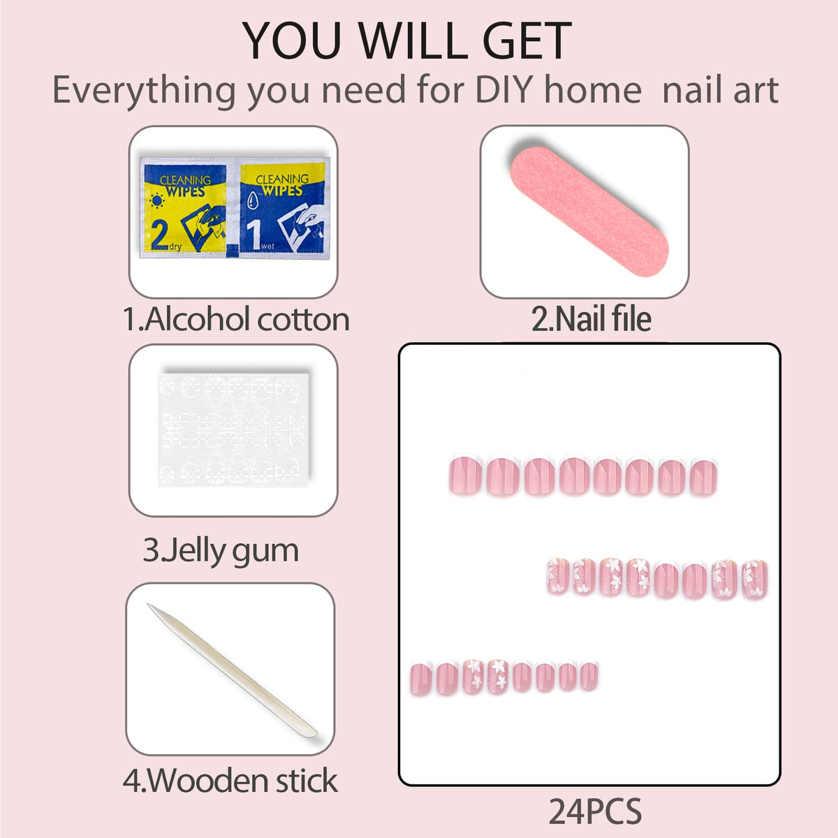 Square Press on Nails 24PCS French Short False Nails Full Cover With Designs Fake Nail Kit Reusable Glossy Artificial Fake Fingernails Acrylic Cute Fale Nails For Women Girls Manicure