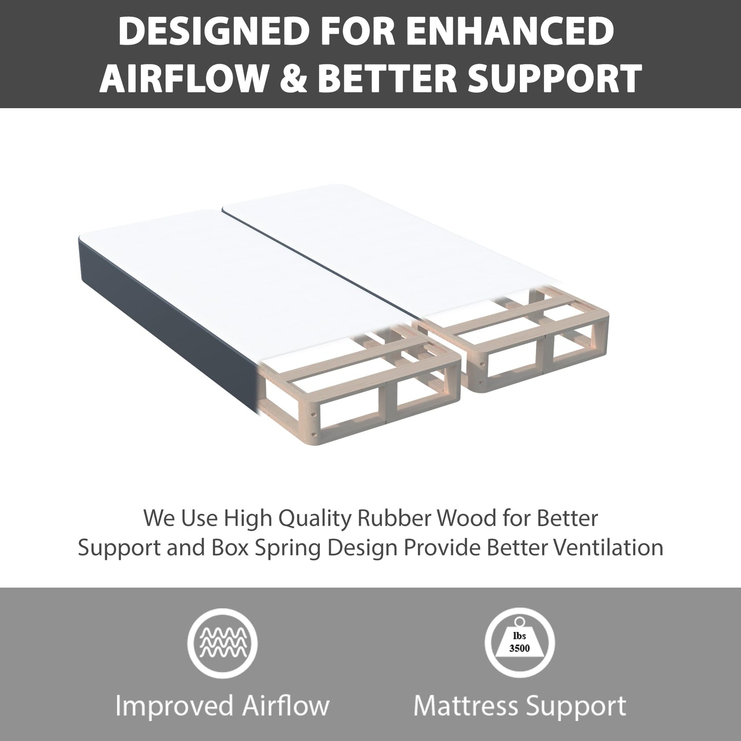 Greaton, Box Spring Bed Base Queen Size, 4-Inch Wood Mattress Foundation – Amish Made in USA – Quiet Noise Free, 2-Pieces Under Mattress-Support BoxSpring, Fully Assembled, Gray
