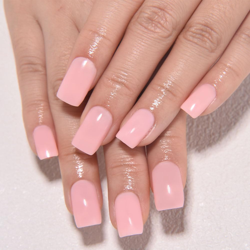 evpct Pale Nude Pink Short Square Glossy Press on Nails for Women Gift, Glossy Pale Nude Pink Fake Nail with Kits Manicure Kits, Soft Gel Full Cover Reusable Stick on Acrylic False Nails Perfectly Fit