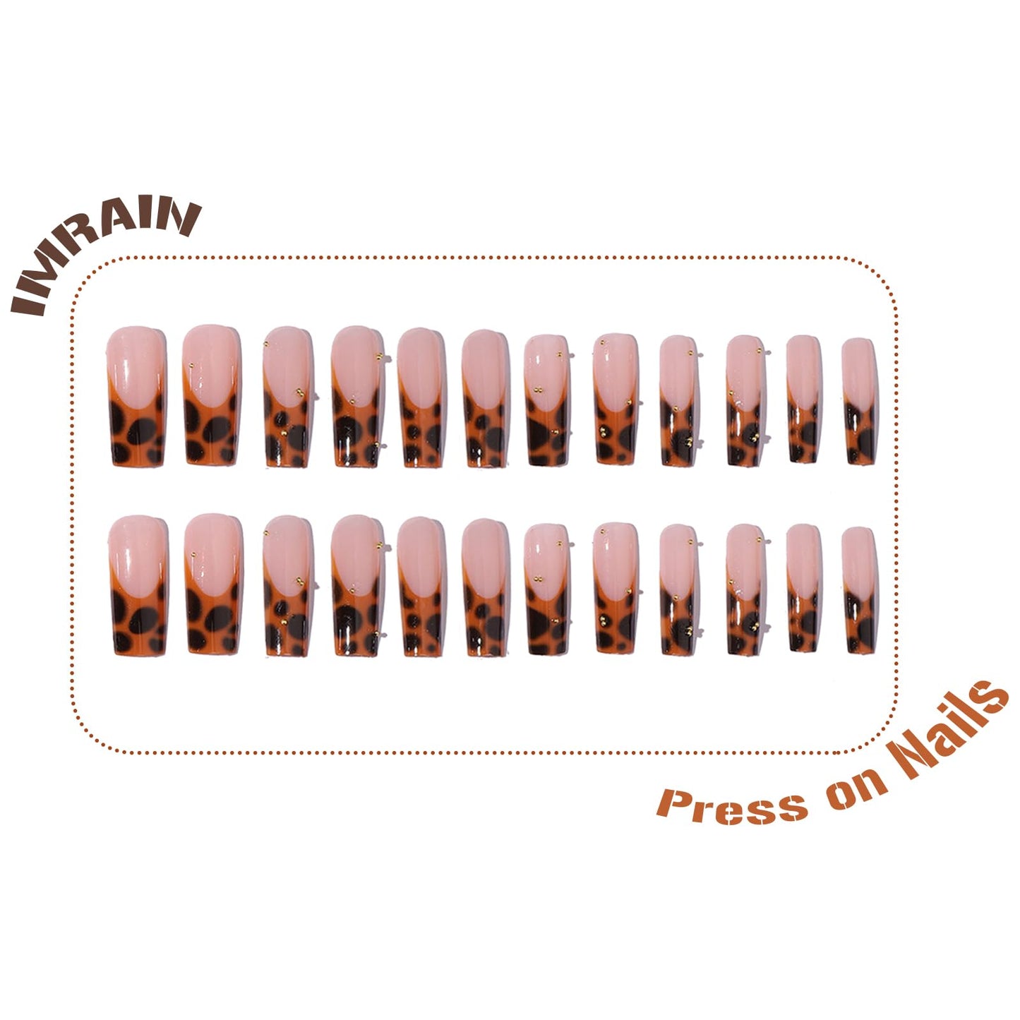 IMRAIN Brown Press on Nails Long Square Fake Nails Leopard Print French Tips False Nails with Golden Bead Designs Glossy Fall Full Cover Stick on Nails for Women Nail Art Manicure