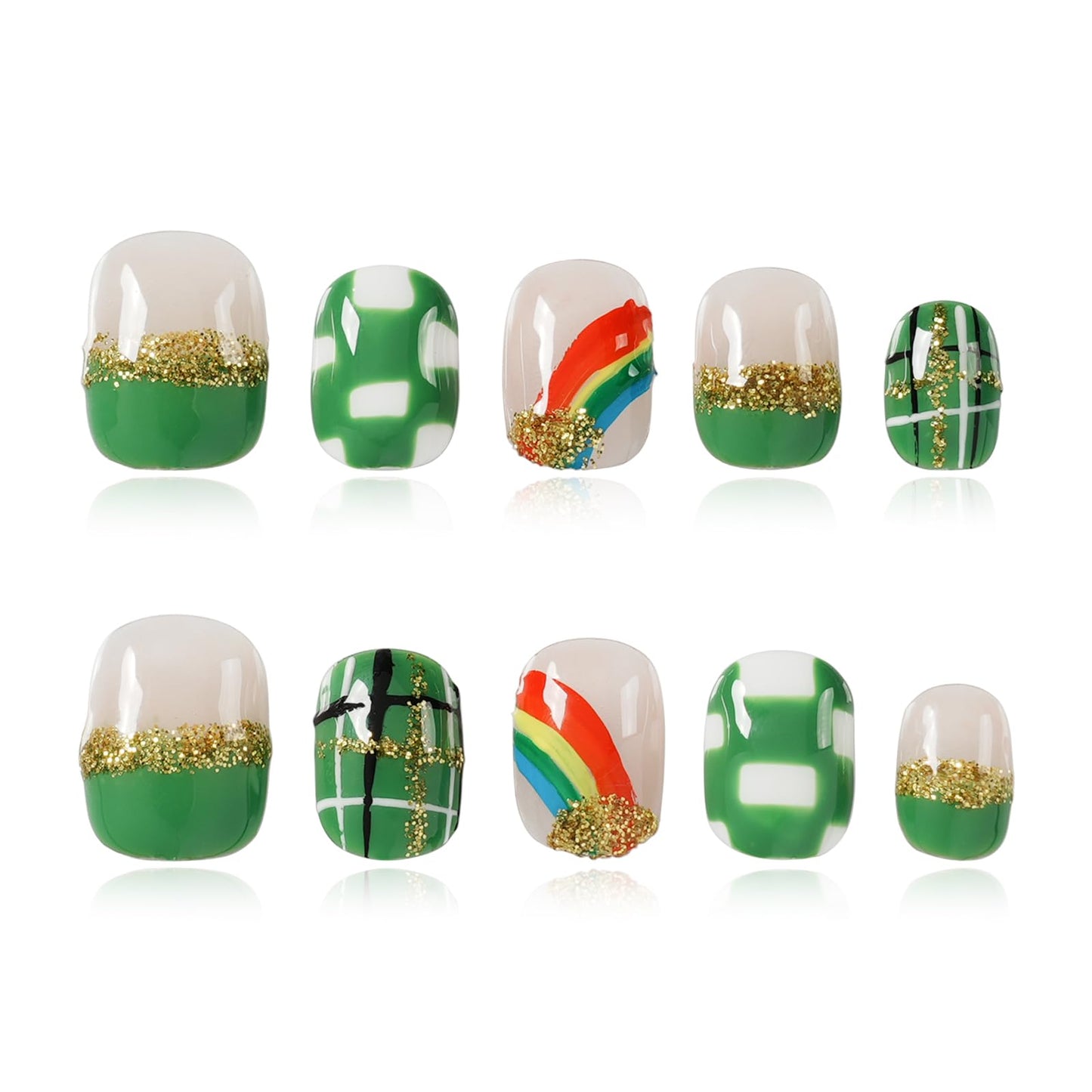 Tesytto Extra Short Press On Nails - Nude Base with Green French Tips & Gold Glitter, Hand-Painted Plaid & Rainbow,Easy to Apply & Remove (Size M)