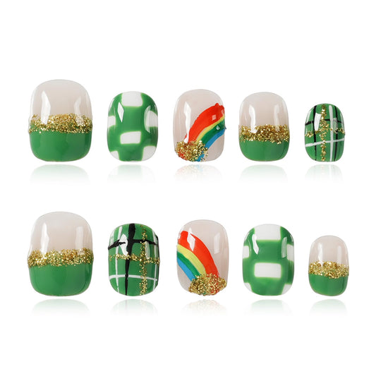 Tesytto Extra Short Press On Nails - Nude Base with Green French Tips & Gold Glitter, Hand-Painted Plaid & Rainbow,Easy to Apply & Remove (Size L)