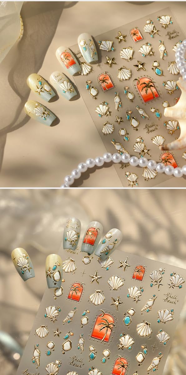 Summer Ocean Theme Nail Stickers 5D Embossed Nail Decals Gold Foil Seashell & Palm Tree Nail Art Stickers Self-Adhesive Nail Stickers for Nail Art for Women Girls DIY Manicure, 1 Sheet
