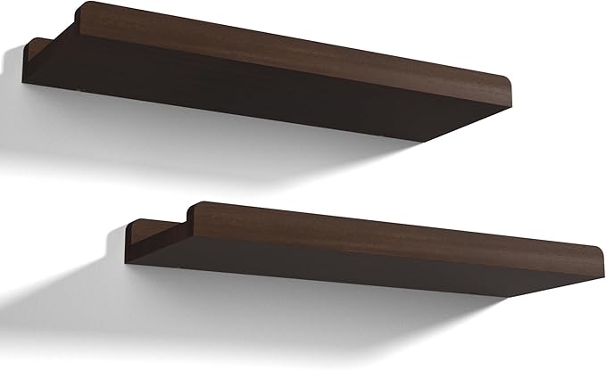 Love-KANKEI Floating Shelves Wall Mounted Set of 2, 17 Inch Rustic Wood Wall Shelves for Storage, Bedroom Living Room Bathroom Kitchen Office and More Dark Walnut