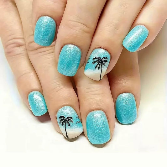 CTTHNBD Short Press on Nails Square - Blue Fake Nails with Coconut Tree Design - Glossy Glitter Full Cover Stick on Nails for Women 24 Pcs