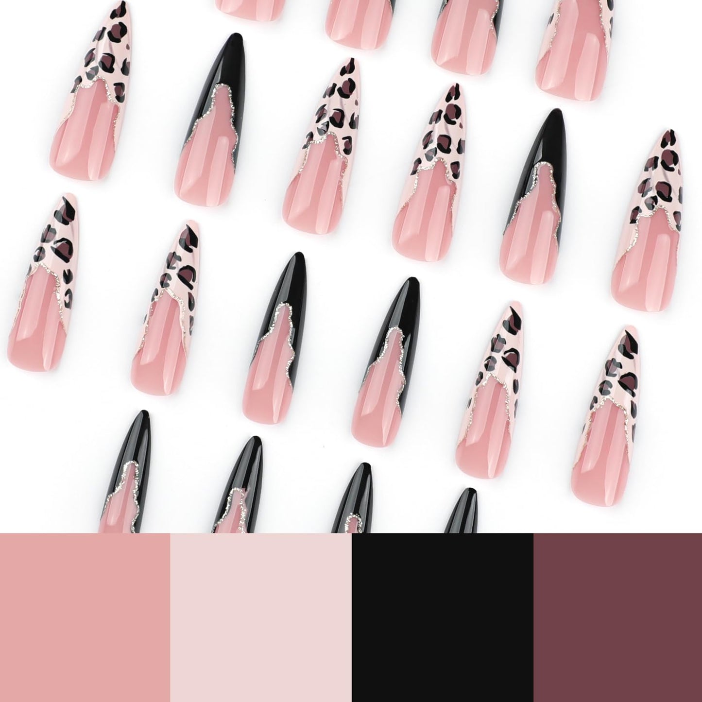 Stiletto Press On Nails Long Fake Nails Leopard Print With Glitter Design French Tip False Nails Artificial Glossy Reusable Acrylic Nail Full Cover Stick On Nail For Women Manicure Art 24pcs