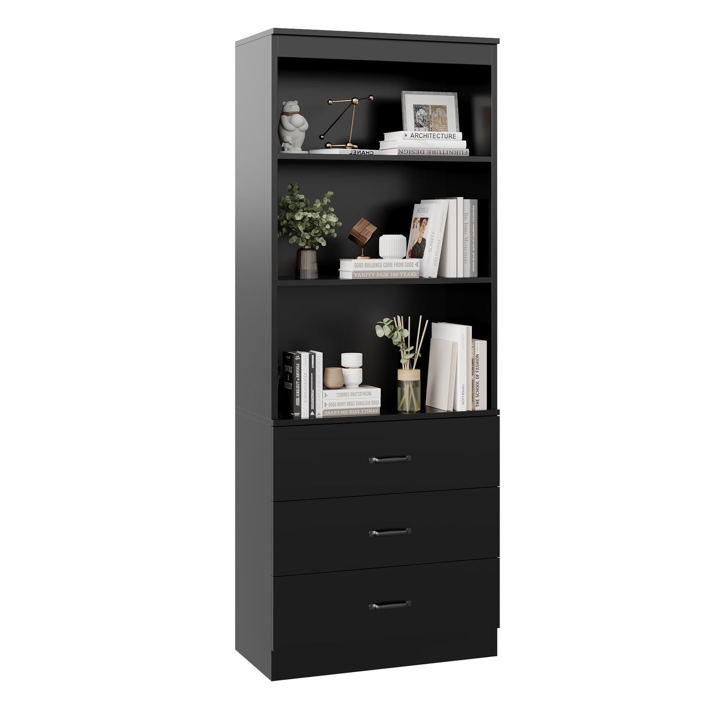 OneBlis 70" H Black Bookshelf with Drawers, Tall Bookcase with 3-Tier Open Shelves, Bookshelf and Bookcase with Storage Cabinet for Home Office,Living Room(Black,6-Tier)