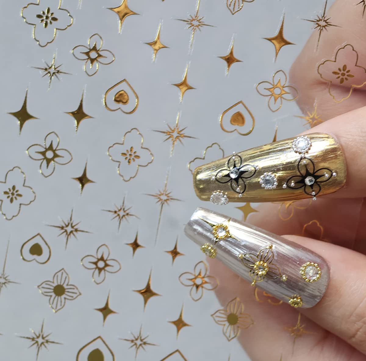 6 Sheets Gold Star Nail Sticker, Retro Design,3D Self-Adhesive Nail Decals Silver/Pink Gold Hollow Cross Star Heart Glitter Designer Nail Supplies Elegant Luxury Manicure Sticker DIY for Women Girls