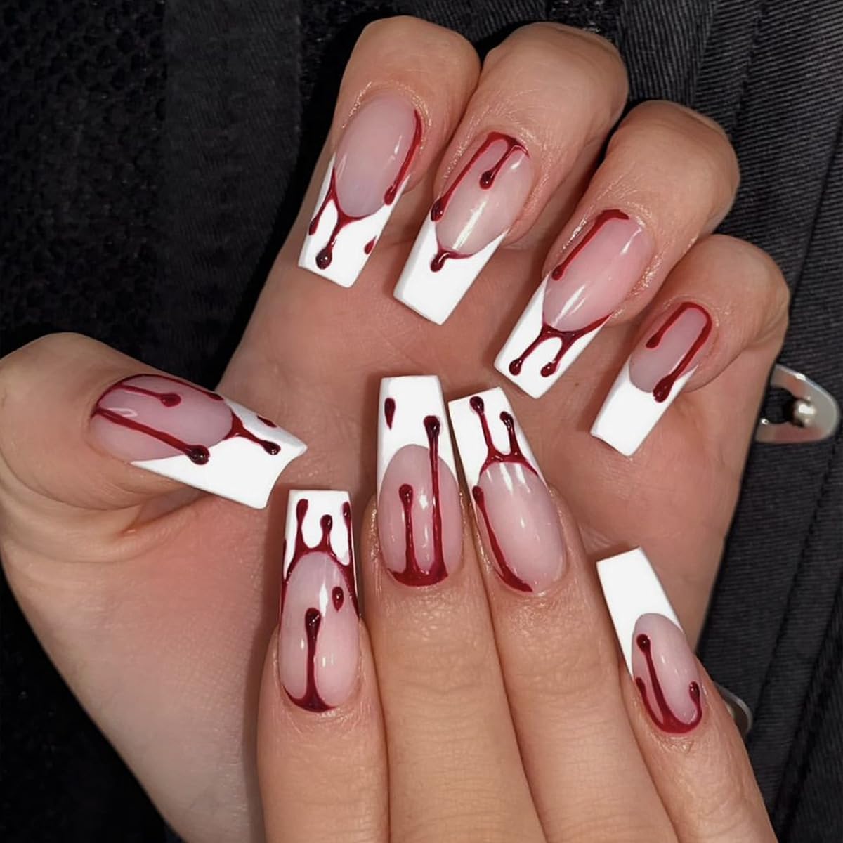 Halloween Press on Nails Long Square Fake Nails with Design Red Blood Drops Glue on Nails White French Tip False Nail Full Cover Coffin Nail Press Ons Acrylic Stick on Nail for Women 24Pcs