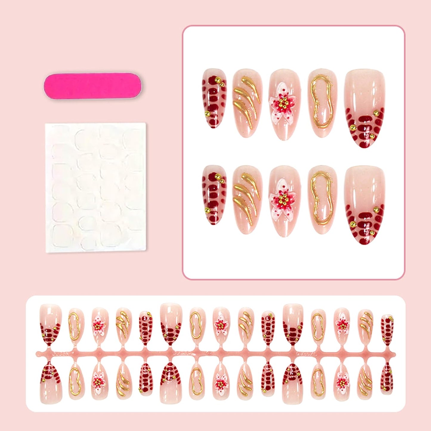 24Pcs Flower Press on Nails Medium Length Almond Fake Nails with Gold Irregular Line Design French Nails Cute Floral Stick on Nail Full Cover False Nail Artificial Nail for Women Manicure Decor