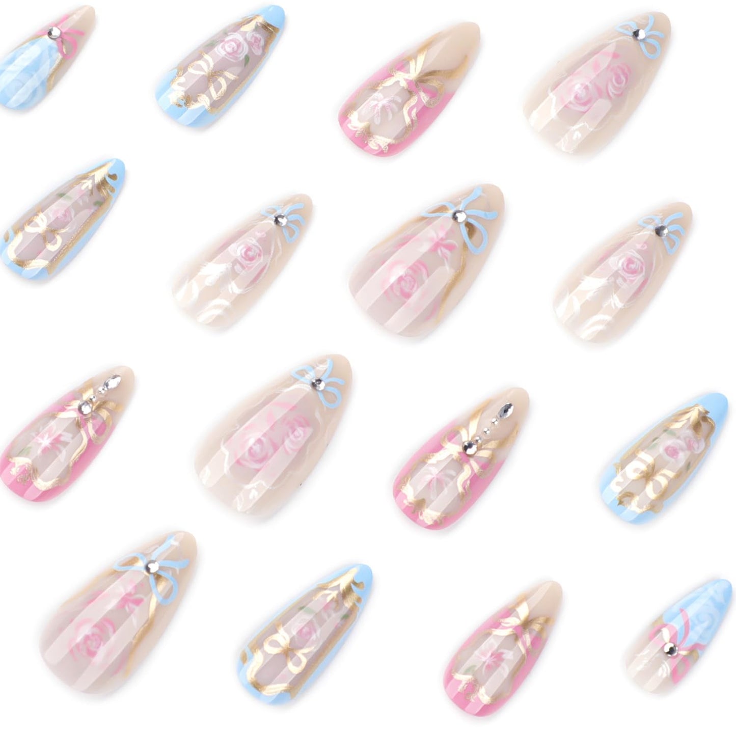 24Pcs Almond Press on Nails Heart Flowers Fake Nails with Exquisite Rhinestones Design Glossy Full Cover Rose False Nails with Glue Medium Romantic Stick on Nails Acrylic Nail Art for Women