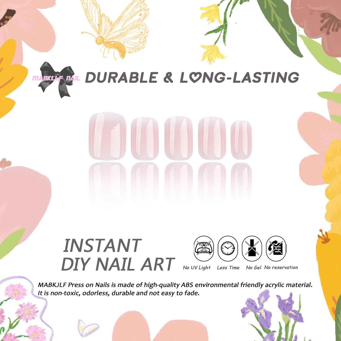 MABKJLF Ombre Press on Nails - Short Square False Nails with Pink & White Gradient Designs, Glossy Glue on Nails, 24 Pcs