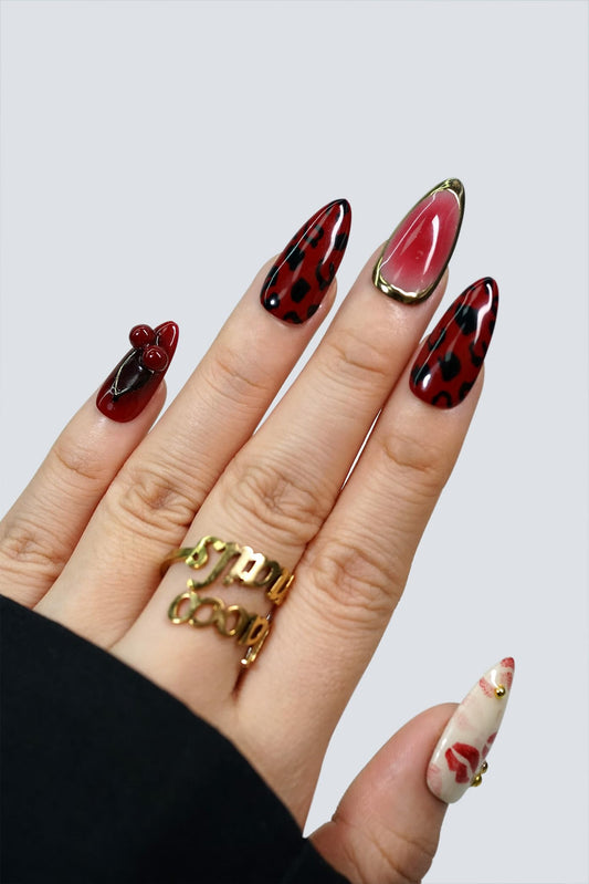 Nelaoco 10PCS Handmade Press On Nails REUSABLE 3D Gel Fake Nails Acrylic Slim Natural Profile Glassy Shine & Detail-Focused Finish (Berry Wild Print Red - M)