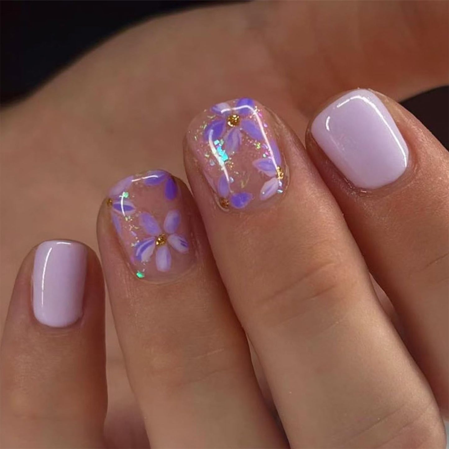 Short Press on Nails Cute Flower Fake Nails with Glitter Designs Purple Nails Press ons Square Spring False Nails Full Cover Glue on Nails Acrylic Nails for Women Spring Summer Daily Wear Salon