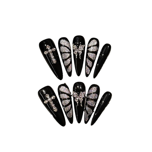 GLORS Black and Silver Press On Nails, Butterfly Design Cat Eye False Nails Set, Long Stiletto Shape, Handmade Gothic Glamorous Manicure, 10 Pieces (XS, LS)