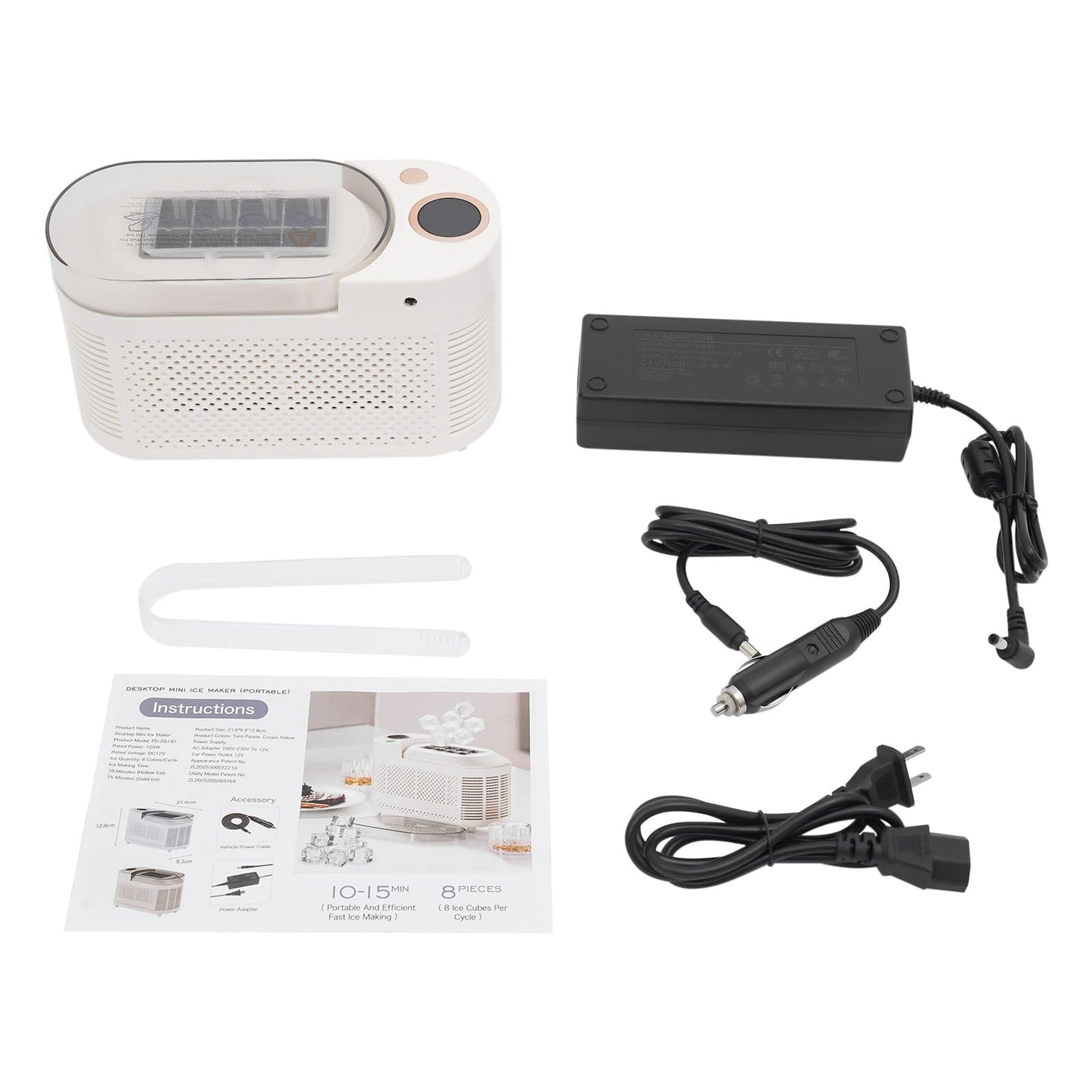 BANEBONE Mini Countertop Ice Maker 120W, Compact Portable Ice Machine with 12V Car Cable, 8 Bullet-Shaped Ice Cubes in 15 Mins, Small Ice Maker for Home Kitchen Office Travel RV - White