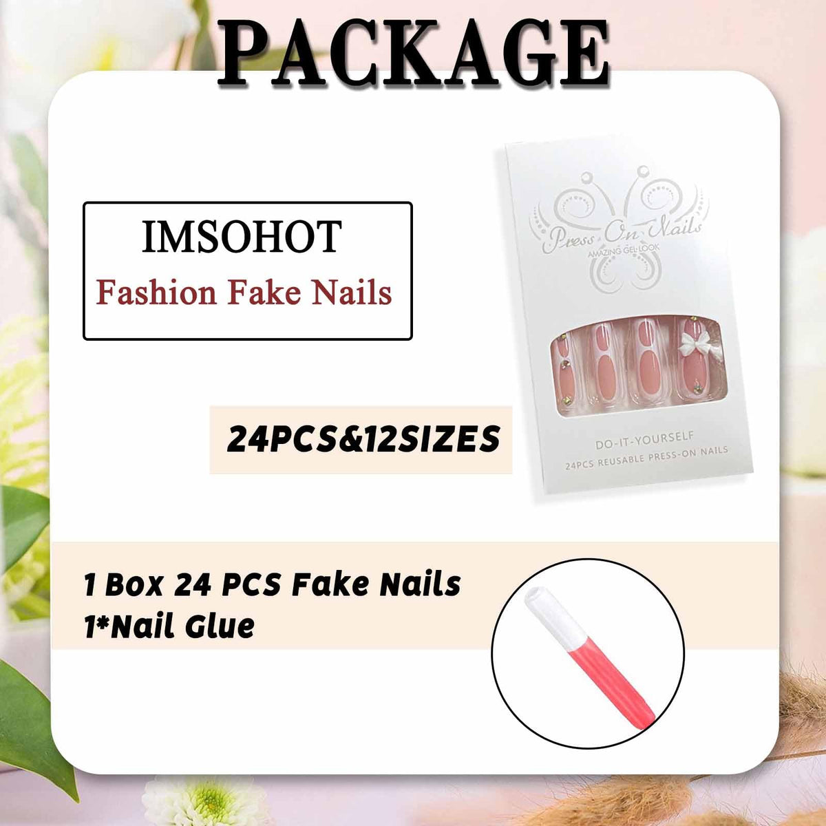 IMSOHOT Square Press on Nails Long White Fake Nails Full Cover Glue on Nails French Tips Glossy Acrylic False Nails with Bow Designs 24PCS Rhinestone Gel Nails