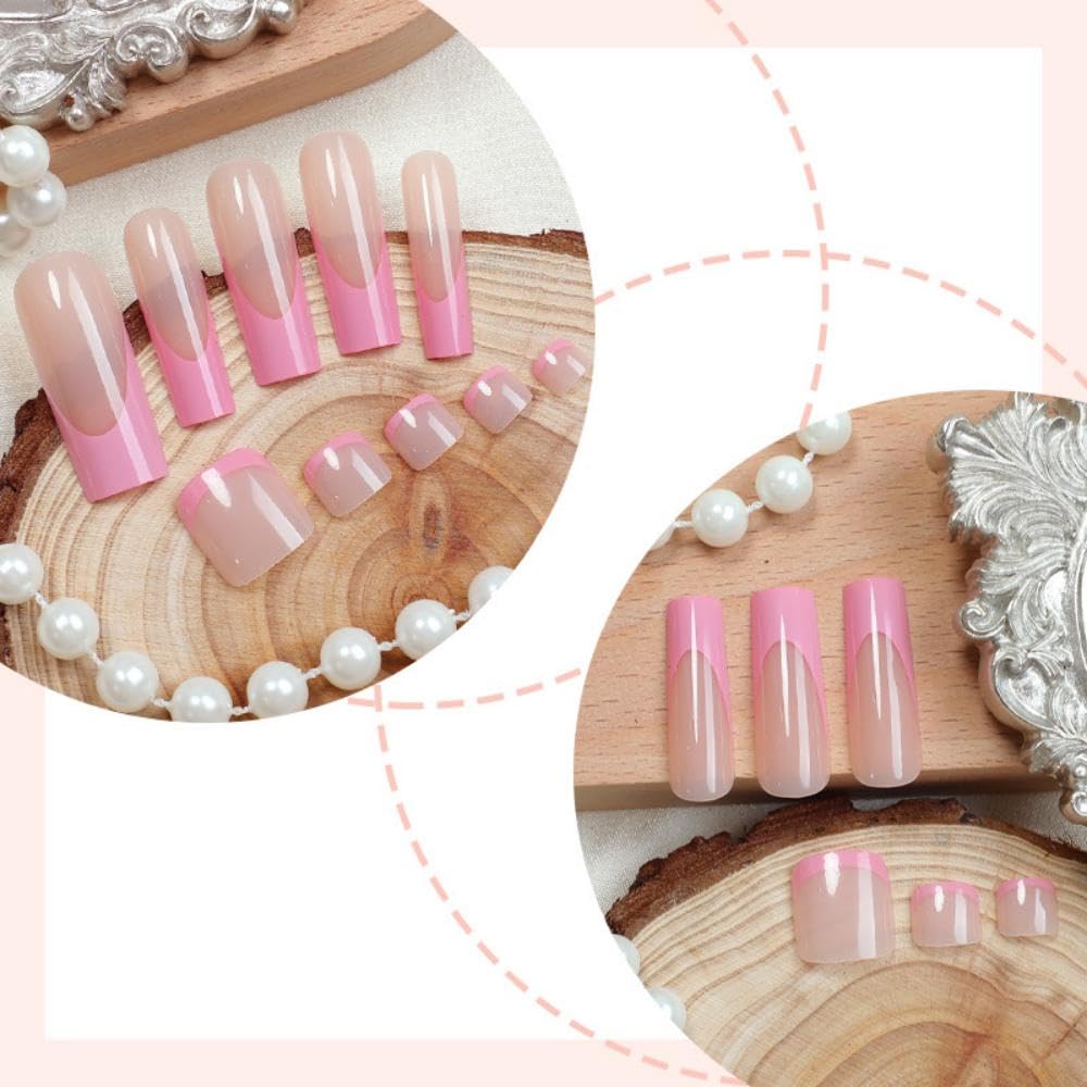 48Pcs Pink French Tips Press on Toenails Nude Pink Press on Nails Long Square Stick on Nails with Designs Full Cover pink Fake Toenails Glossy Summer False Toenails for Women Girls DIY Manicure