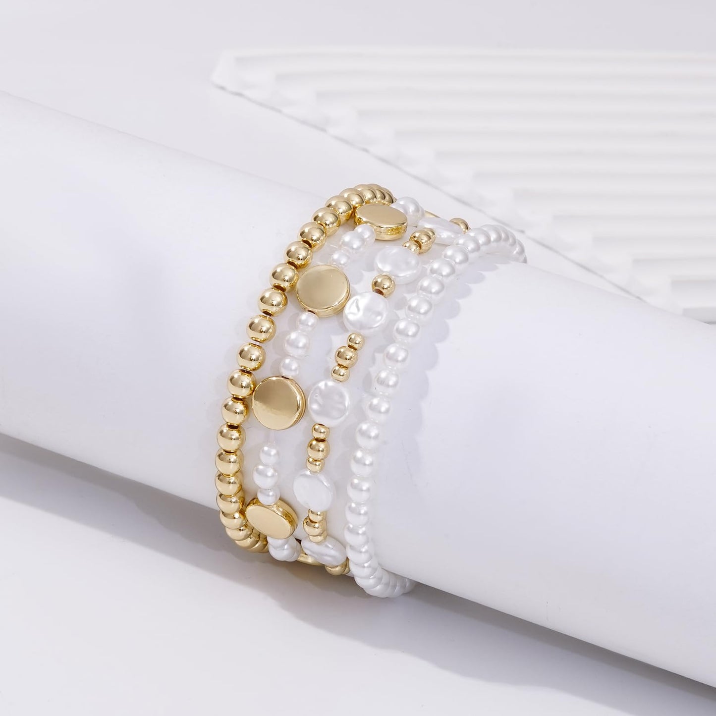 Sajidos Gold Plated Beaded Bracelets for Women Trendy, 14K Gold Plated Stack Cross Pearl Gold Plated Bead Stretch Bracelets Set Elastic Hypoallergenic Bracelets Jewelry Gifts