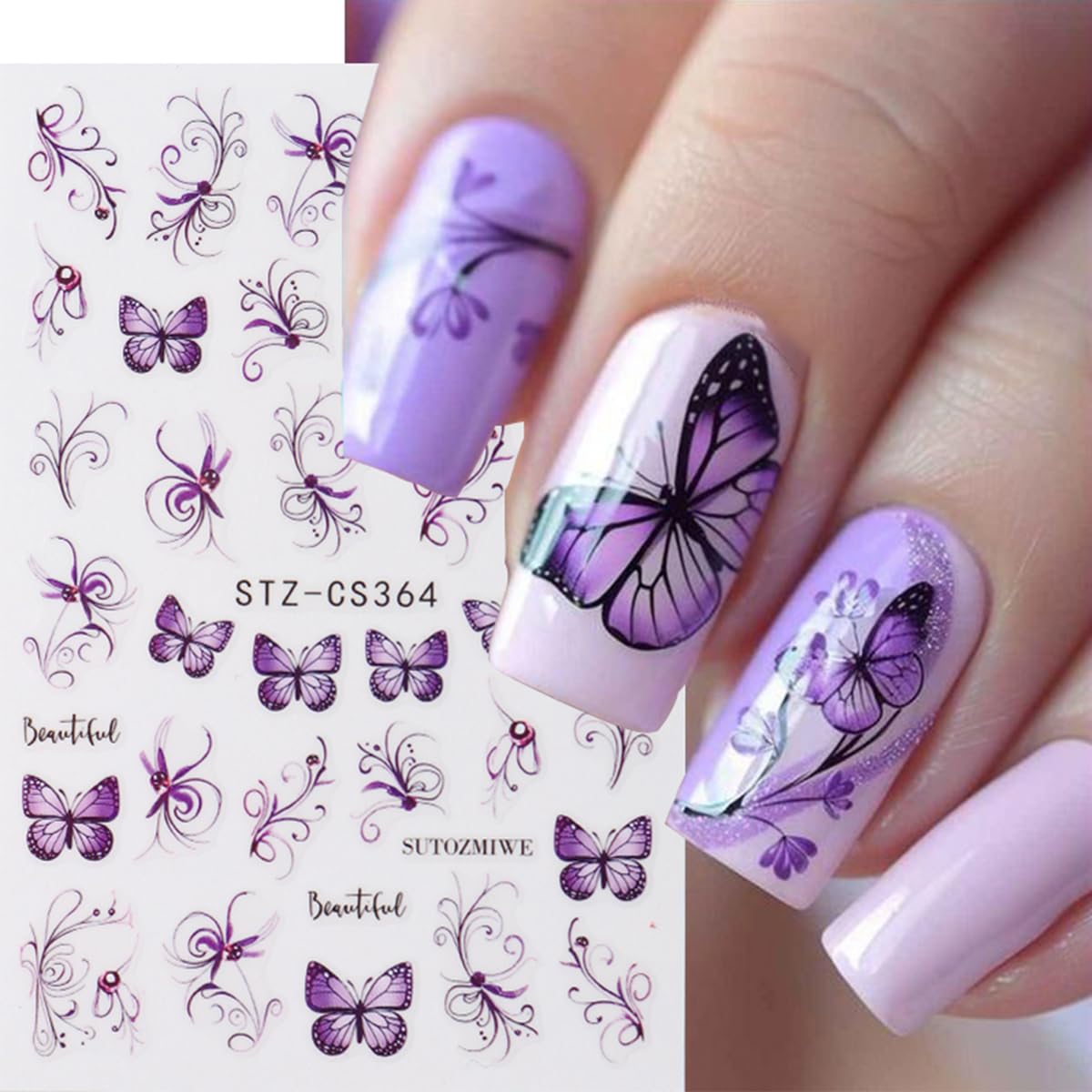 8 Sheets Flower Nail Stickers 3D Self Adhesive Spring Nail Decals Floral Nail Art Stickers with Butterfly Flowers French Lines Design for Women DIY Nail Decor