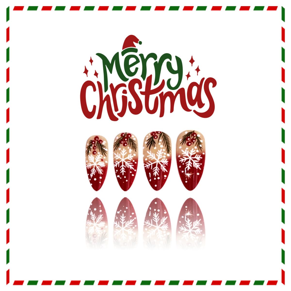 Red French Tip Christmas Press On Nails Medium Almond Fake Nails Snowflake With Holly Leaf Design Xmas False Nail Acrylic Glossy Reusable Stick On Nail Winter Glue On Nails For Women Girls 24pcs