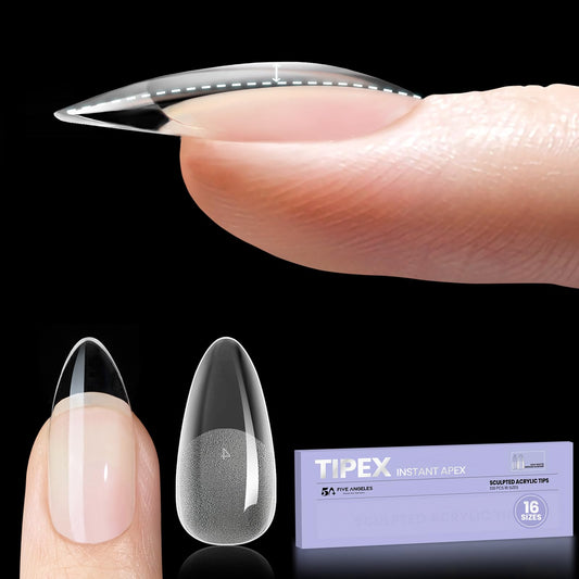 Five Angeles Tipex Instant Apex Nail Tips, Almond Medium Pre-etched Thicker Acrylic Nails, with 15g Tipex Nail Glue,Deep C Curve Matte Underside Press-on Nails, 128pcs 16 Sizes